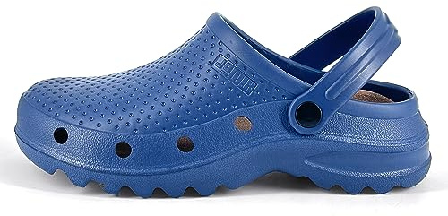 JOMIX Zuecos Sanitarios Mujer Hombre Trabajo Hospital Zapatillas Hombre Mujer Jardín Cocina Ligeros Zuecos Unisexo Hogar Goma Eva Fabricadas en Europa, Azul, 44-45 EU