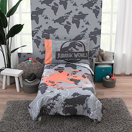 NoJo Universal Jurassic World Into The Wild Grey, White, Orange and Aqua T. Rex 4 Piece Toddler Bed Set - Comforter, Fitted Bottom Sheet, Flat Top Sheet and Reversible Pillowcase