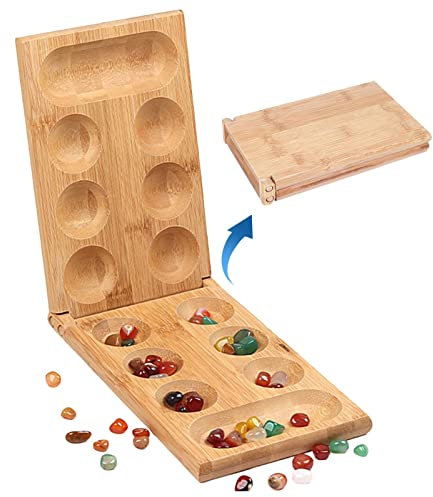 Stronrive Coffee Table African Stone Game - Portable Foldable Wooden Board, Glass Stones Set,Kids Adult Travel Interaction Puzzle Toys Game