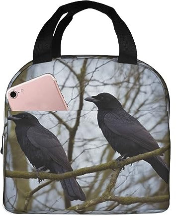 FJAUOQ Bolsa de almuerzo con diseño de pájaros de cuervo negro, lonchera aislada de gran capacidad, bolsas de almuerzo duraderas, impermeable, enfriadora, lonchera unisex para trabajo, oficina,