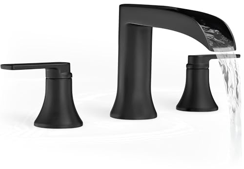 HOIGY Solid Brass Waterfall Bathtub Faucets Set, 3 Hole Matte Black Tub Faucet 2 Handle, High Flow Roman Tub Faucets Widespread 6-16 Inch Deck Mount