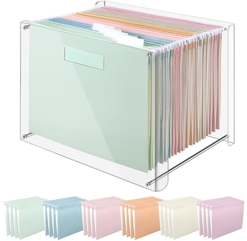 Dispowreath 24 Hanging File Folder with Acrylic Organizer for Letter/a4 Size Desktop Clear File Storage Box with Handles for Home Work Office Use(Colorful,Classic)
