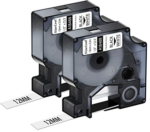 NineLeaf 2 Packung Ersatz für Dymo 18488 A18488 12mm x 3.5m Bänder Schwarz auf Weiß Flexibles Nylon Industrie Schriftband für Rhino 5000 6000 ILP 219 3M PL200 PL300 PL100 PL150 Beschriftungsgerät