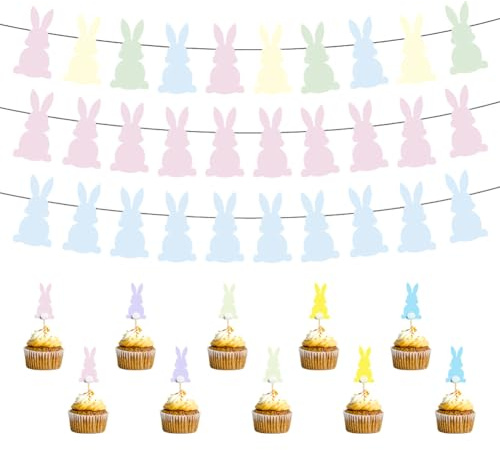 Bunny Banner, Rabbit Bunting, Pink Blue Bunny Theme Party Decoration, Bunny Bunting Cupcake Topper for Easter Party Birthday Party