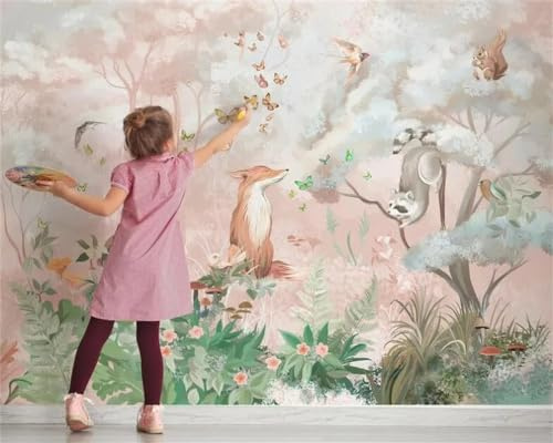 Papier Peint Animaux Forêt Rose Papier Peint Panoramique Papier Peint Intissé pour Salon Chambre Couloir Tapisserie Murales Papier Peint 3d Papier Peint Décoratif Murale 400x240cm