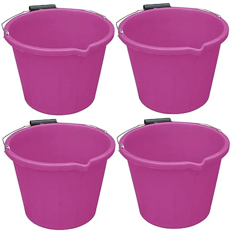 Set of 4 - Strong Heavy Duty 3 Gallon 14L Litre Plastic Builders Bucket Metal Handle, Pouring Lip, Measuring Guide - Water Storage Construction Cleaning Gardening Animal Feeding Made in UK (Pink)