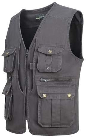 MeiLayM Utomhus Fiske Herr Väst Vintage Casual Väst Mesh Andningsaktiv Väst Andningsbar Flerficka Västar Fotografi Jakt Ärmlösa Jackor, Grå, 4XL