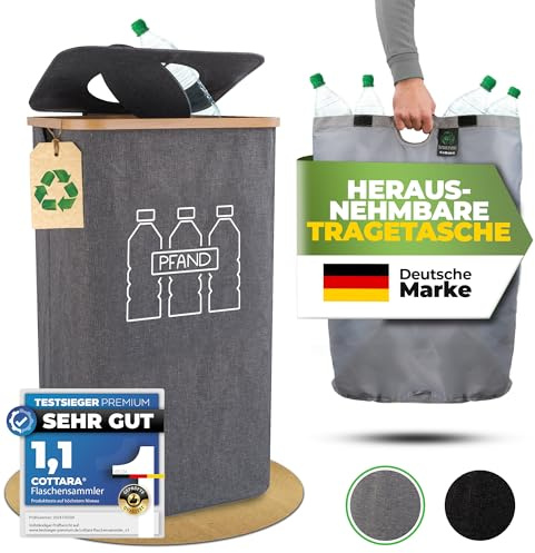 COTTARA® Pfandflaschen Sammelbehälter mit Drehdeckel - extra stabil, Grau | Flaschensammler Leergut Behälter mit Tragetasche - Praktischer Pfandbehälter Pfandsammler, Pfandflaschen Aufbewahrung 100 L