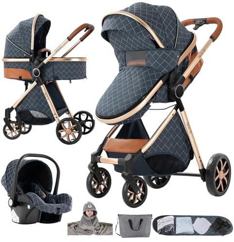 Nine point nine Kinderwagen 3 in 1, Kinderwagen Set mit Umkehrbarem Doppelschiebemodus, Kombikinderwagen 3 in 1 mit Großer Bequemer Babywanne, Kinderwagen Rahmen Aluminiumlegierung (V9 Blue)