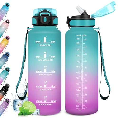 KollyKolla Trinkflasche 1.5L, Wasserflasche mit Strohhalm, Trinkflasche groß, Wasserflasche Auslaufsicher, BPA-Frei, Sportflasche mit Zeitmarkierungen, Sportflasche für Erwachsener, Büro, Fitness