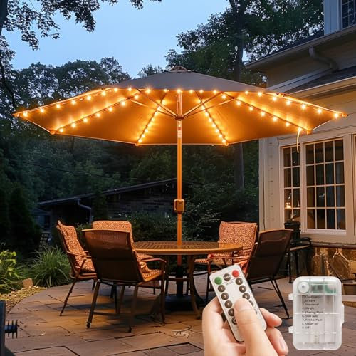 Patio Umbrella Lights 120 LED Cordless Lights for Outdoor Umbrella with Remote Control Battery Operated Parasol Ambient Lighting for 7-11 Feet Backyard Pool and Beach Umbrella Décor (Warm White)