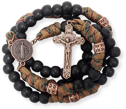 Nazareth Store St. Benedikt Paracord-Rosenkranz 8 mm schwarze matte Perlen Antikbronze starke robuste Kordel-Rosenkranzkette mit Jesuskreuz (Braunes Paracord Kupfer St.Benedict)