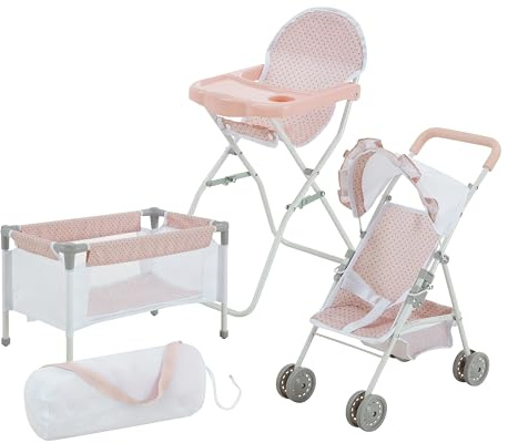 Olivia's Little World Station de Nurserie 3pcs Lit Bebe Chaise Haute et Poussette Rose Gris