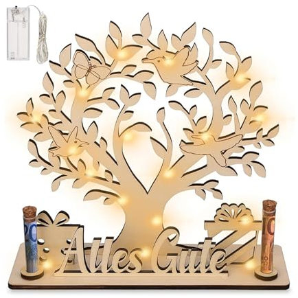 SansRealmL Geldbaum Lebensbaum Deko aus Holz mit LED Lichterkette, Personalisierte Geldgeschenke Verpackung, Geldgeschenk Geburtstag für Brautpaar, Hochzeitsgeschenke, Geldgeschenke Geburtstag