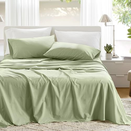 Comfort Spaces 100% Cotton Sheets Full, Breathable & Soft Cotton Sheets, Naturally Cool Cotton Bed Sheets with 14 Elastic Pocket Fits up to 16 Mattress, All Seasons Sheet Set, Sage Green 4 Piece