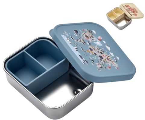Jenard Edelstahl Brotdose für Kinder – kompakte Brotdose/leichte Snackbox mit Silikon Deckel & Trennfach. Ideal für Kindergarten & unterwegs. Auslaufsicher & BPA-frei, Blau/Weltkarte mit Tiere