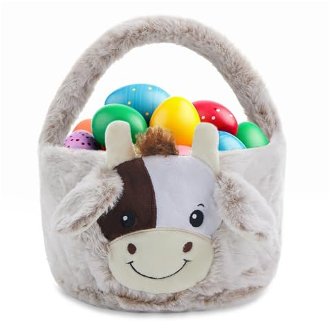 Yoisdtxc Plush Easter Basket Highland Cow Basket for Kids Egg Hunting Bags Candy Buckets Storage Bag with Plush Handle (Cow)