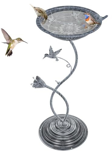 Vogeltränke Stehend für Draußen Garten, Freistehend Vogelbad Metall Vogelbecken Schüssel Wassertränke, Vogelfutterspender aus Gusseisen Vogelfutterstation für Hof Rasendekoration (Vintage Silber)