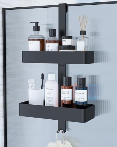 Kitsure Étagère Douche à Suspendre - Étagère Salle de Bain à 2 Niveaux Suspendues sur la Porte, Sans Perçage et Antirouille, Rangement Salle de Bain Polyvalent, 29,1 x 11,2 x 55,3 cm, Noir