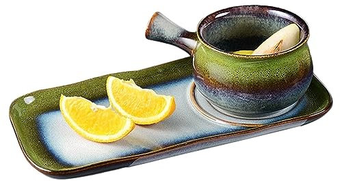 JKXLSLAX 2 Piece Ceramic Breakfast Bowl Set with Handle, Salad Cereal Fruit Bowl with Saucer Porcelain Tray,Breakfast Plate(Green)