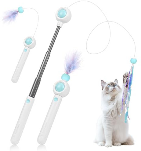 Gerbala Jouet à Plumes pour Chats, Jouet Chat interactif, 1 Rétractable Canne a Peche Jouet avec 2 Plumes Rechange, Exercice et Divertissement (Bleu)