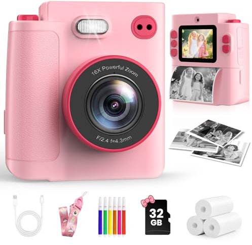 MYSTILUCK Appareil Photo Instantané Enfants, 1080P Appareil Photo Numérique Enfant & Caméra Vidéo avec Carte de 32GB & Papier d'impression, Noël & Anniversaire Cadeaux pour Garçons/Filles de 3-12 Ans