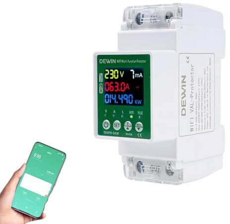 DEWIN Compteur d'électricité DIN Rail WiFi, Intelligent Tuya WiFi AC Compteur avec protection contre les fuites Protection contre les surtensions et les sous-tensions 63A AC 230V