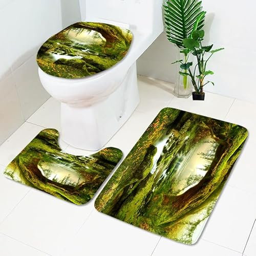 Badezimmerteppich Olivgrüne Bäume WC Vorleger mit Ausschnitt WC Deckelbezug 3 Teiliges WC Teppich rutschfeste Badgarnitur U förmiger Badematte Waschbar Bad Teppiche Set 50x80 cm