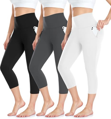 BLONGW 3 Pack Capri 3/4 Length Leggings for Women,High Waisted Cropped Leggings Soft Sport Trousers with Pockets for Workout Gym Yoga Fitness Running(Black/Grey/White,S-M)