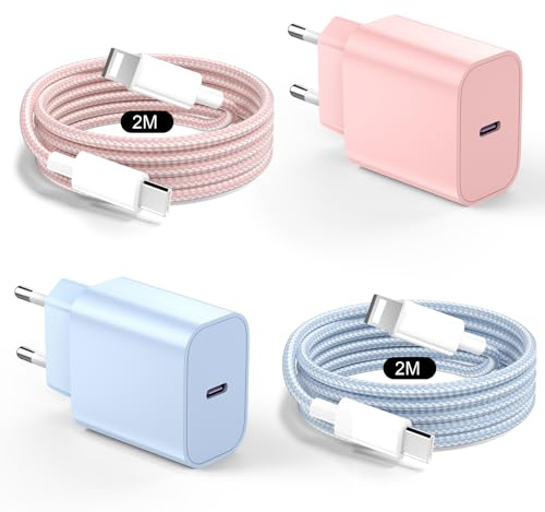 Chargeur pour iPhone Charge Rapide, 2Pack 20W Chargeur pour iPhone 14 13, PD3.0 USB C Prise avec 2M Câble Lighting pour Phone 14 Plus/14 Pro/14 Pro Max/13/12/11/SE/XS/XR/Pad - Rose+Bleu
