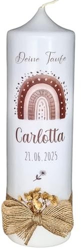 Taufkerze mit Regenbogen Boho -Carlotta- in warme Naturfarben für Mädchen, Taufkerze Junge, mit Trockenblumen, Schleifen, personalisiert