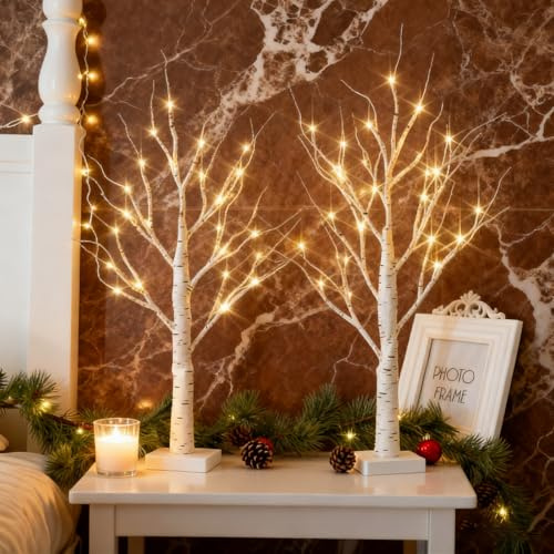 POIFL LED Baum Lichter, [2er Set] 48 LED 61CM Birken Lichterbaum,USB-Oder Batteriebetriebene,Weihnachtsdekoration für Innenräume,Warmweiß Beleuchtete Birkenbäume für Party,Weihnachten,Hochzeit