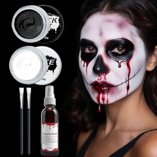 Halloween Karneval Schminke Schwarz Weiß, Halloween Schminke Kunstblut Set, Halloween Schminke Schwarz Weiß Kunstblut, Halloween Make Up für Theaterschminke Cosplay Vampir Skelett Clown Party