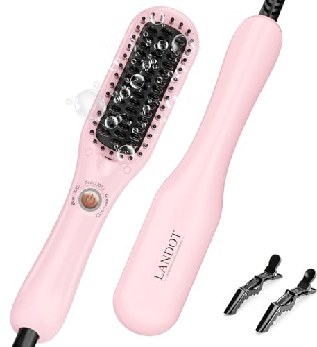 LANDOT Mini Hair Straightening Brush - Compact Heated Ionic Straightener Brush for Frizz-Free, Smooth Results, Lightweight Hot Comb & Travel Flat Iron Perfect for Short Medium Hair, Blush Pink