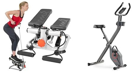 Sunny Health & Fitness Advanced Mini Home Steppers, Total Body Workout Stair Machine + Smart Folding X-Bike, Portable Compact for Indoor Cycling Workout, 14-Level Magnetic Resistance