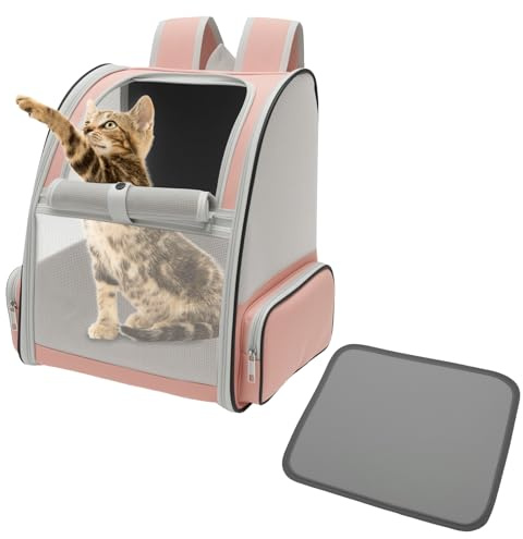 Faltbarer Katzenrucksack,Atmungsaktive Tragerucksack mit Belüftetem Netzdesign,Tragbare Hunderucksack mit Weicher Haustiermatte bis zu 6,8 kg,für Reisen,Wandern und Spaziergänge(Rosa)