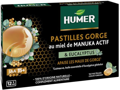 Humer Pastilles Gorge Cœur Liquide Manuka 15+ dès 12 ans x16 | Aaise la gorge Formule unique avec Guimauve huile essentielle d'eucalyptus 100% origine naturelle