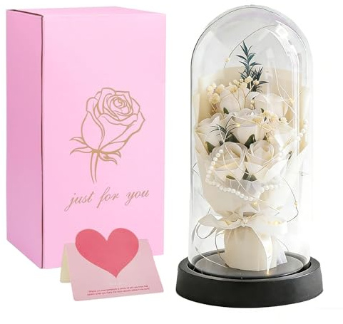 Hengrongshen Rosa eterna in vetro con LED, bouquet di rose rosse, regalo per mamma, moglie, nonna, decorazione per la casa (bianco)