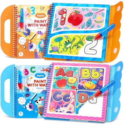 JoyCat 2-Pack Water Coloring Book for Toddlers, Alphabet & Number | 28 Reuasble Pages, Tracing Magic Water Drawing Book, Mess-Free Preschool Learning Toys, Educational Gift for Boys Girls