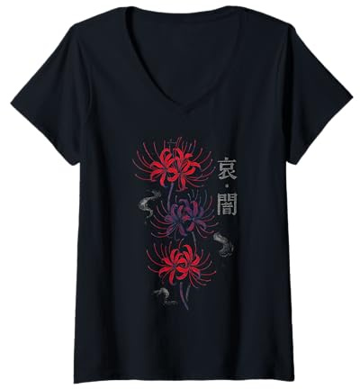 Femme Soft Grunge Higanbana Lys d'araignée Japonais, Anime et Manga T-Shirt avec Col en V