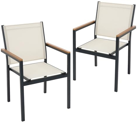 ML-Design Gartenstühle 2er Set mit Armlehnen in Holzoptik, Beige, Gartenstuhl aus Textilene, Terrassenstühle mit Aluminiumgestell, Balkonstuhl wetterfest/stapelbar, Sessel für Garten Balkon & Terrasse