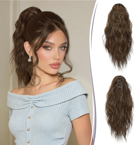 RUWISS Coda Capelli Extension con Pinza, Coda Finta Capelli Ricci 35 cm Coda Capelli Extension Ondulate Sintetici Coda di Cavallo per Donne (Castano Multicolore)