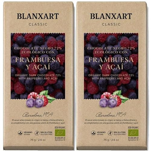 Pack 2 Chocolate Classic Negro Frambuesa y Açaí Blanxar Bio 75 g, 150 g total, tableta ecológica 72% cacao, con frambuesa y açaí, chocolate negro de sabor intenso.