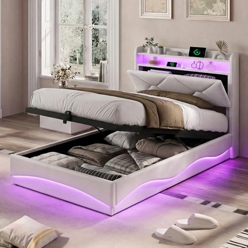 KOOPMAD Bagagebädd 90 x 200 med LED- och USB-belysning, barnsäng 90 x 200 med hydraulisk förvaring, sänggavel med förvaring, enkelsäng med ribbotten, sammet, beige (utan madrasser)