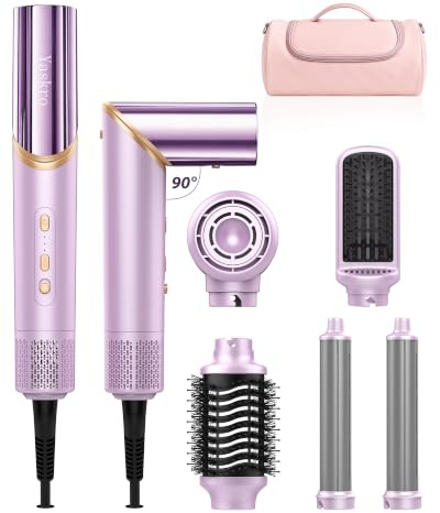 Brosse soufflante 6-en-1 & sèche-cheveux ionique, moteur haute vitesse 110 000 tr/min avec boucleurs automatiques, embouts amovibles et poignée rotative 90° pour sécher, boucler, lisser et volumiser