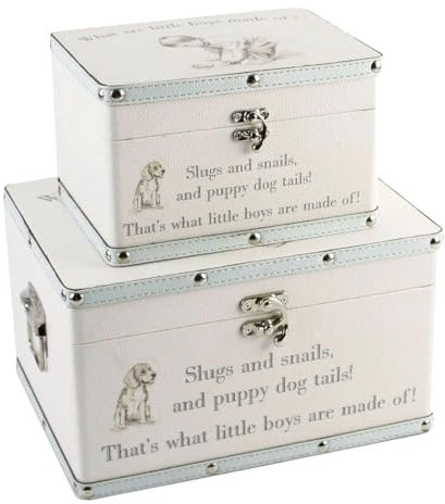Petit Chéri Vintage “Little Boys” Luggage Box Set – Set of 2 Decorative Faux Leather Suitcases – Storage Trunks with Nursery Rhyme Design – Baby Shower & Keepsake Boxes - H: 32 x W: 23 x D: 30cm.