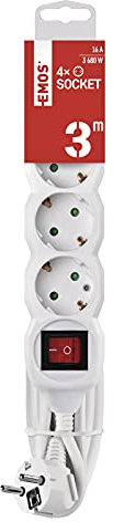 EMOS - 4-fach Steckdosenleiste 3m mit Schalter - 4 Schuko-Steckdosen 45° gedreht - 250 V, 16 A, 3680 W - PVC-Isolierung - H05VV-F3G 1,5 mm2 - erhöhter Berührungsschutz - IP20 für Innen - weiß