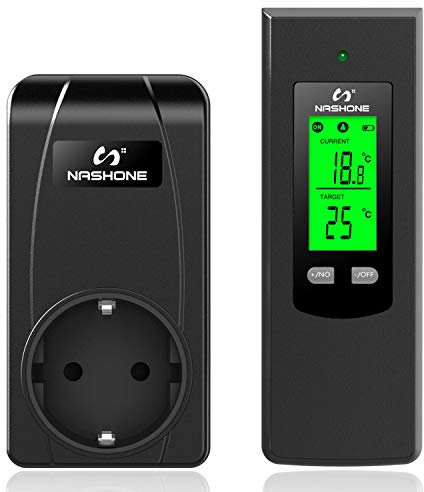 NASHONE Wireless Thermostat Steckdose Digitaler Temperaturregler mit Heizung- und Kühlmodus. Fernbedienung mit Temperatursensor und Memory-Funktion LCD-Display mit Hintergrundbeleuchtung (Schwarz)