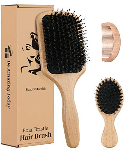Boar Bristle Hair Brush, Detangler Brush, Hairbrush for Long Short Thick Thin Curly Straight Wavy Dry Hair Adds Shine and Makes Hair Smooth, Best Paddle Hair Brush for Men Women Kids