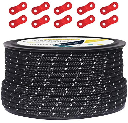 50M reflektierende Schnur Guy Seile Outdoor Zelt Führungsseil 100% Nylon Schnur Windlinie mit 10 Stück Aluminiumlegierung Spanner für Camping (Black, Diameter 5 mm)